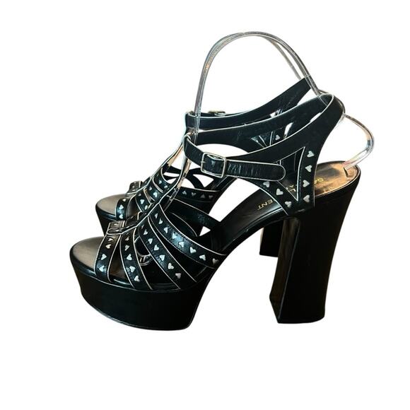 Saint Laurent Black Leather Platform Heel Sandal Silver Hearts EU 40.5 US 10.5 - Picture 2 of 14
